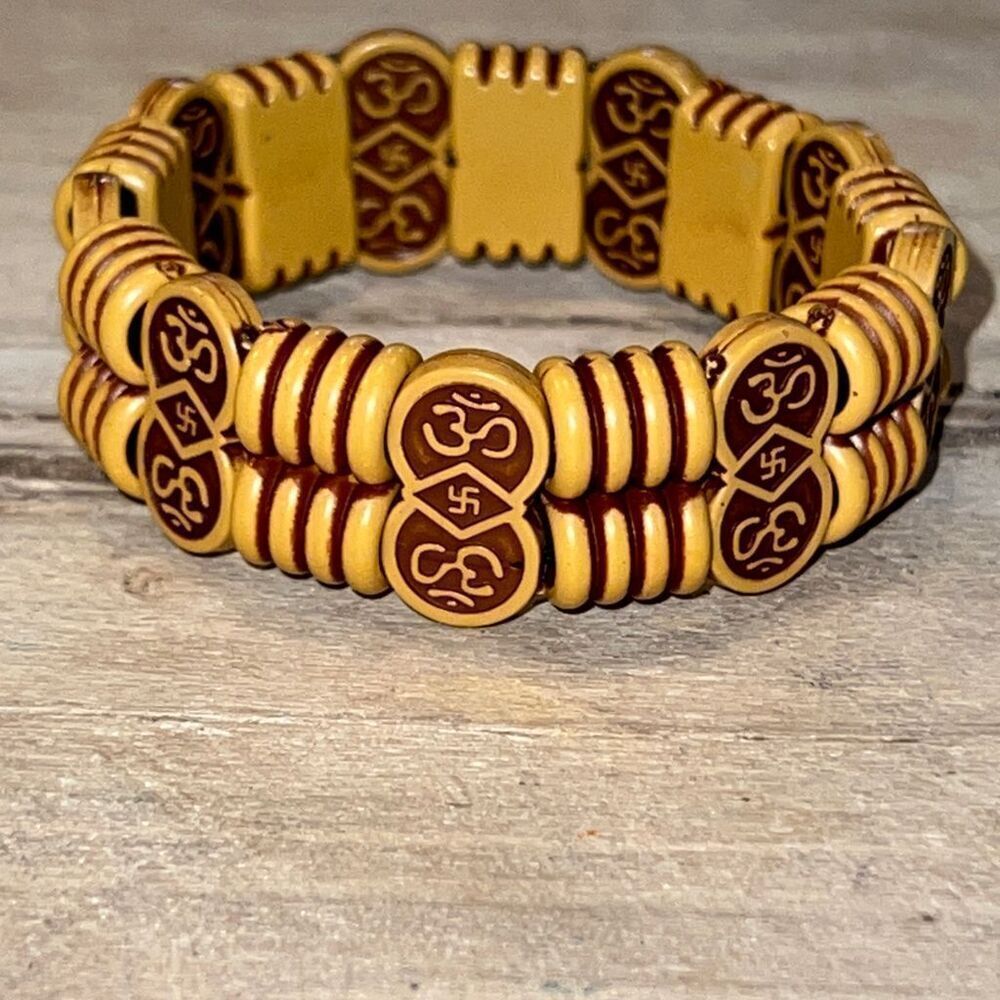Buddhist Prayer Beads Wood Bracelet Stretch Embossed Brutalist Cottage Bohemian
